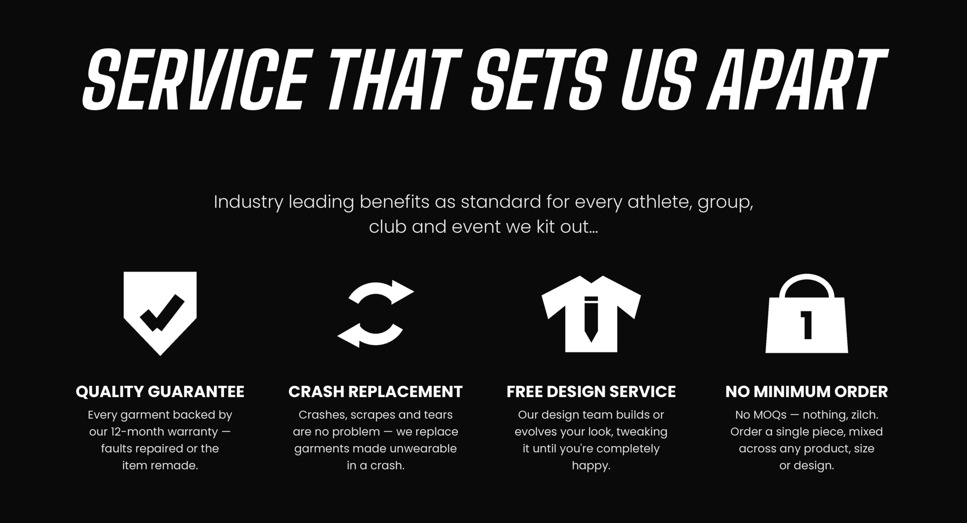 A black promotional graphic with large white text reading 'SERVICE THAT SETS US APART' and four feature icons below: a quality guarantee shield, a crash replacement arrows icon, a free design service t-shirt icon, and a no minimum order lock icon with descriptive copy on a black background.
